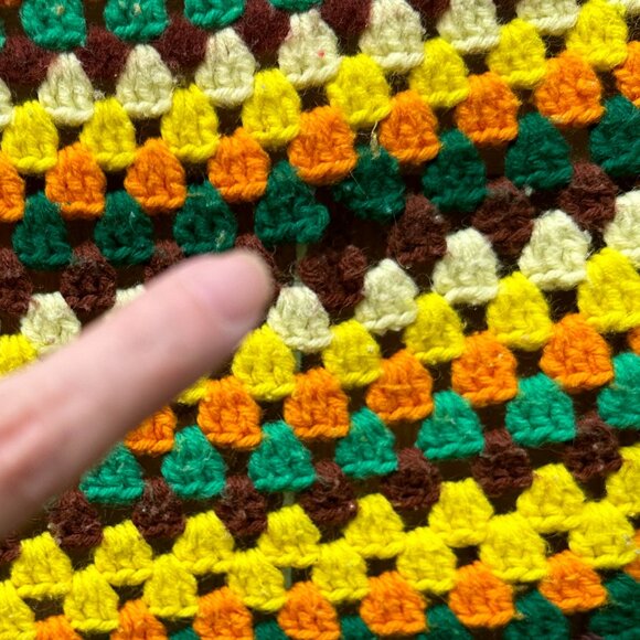 Vintage 70's Handmade Blanket Knit Square Mod Green Yellow Brown Crochet Fall - Picture 7 of 8